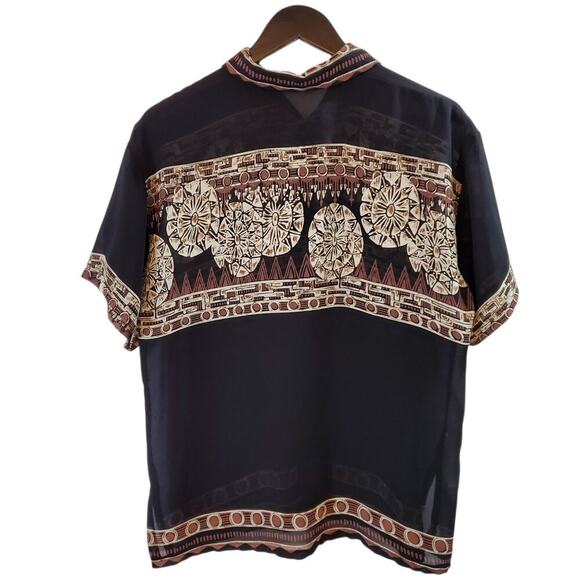 Aloha Womens Blouse Large Abstract Tapa & Flowers on Black Button Down - Picture 2 of 6